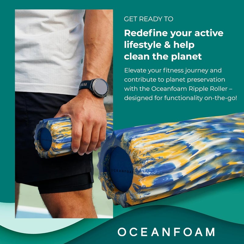 Oceanfoam Ripple Travel Foam Roller (11" x 3.35") Firm Mini Foam Roller for Physical Therapy, Deep Tissue Massage, Back Pain, High Density, Wave Textured, Yoga, Exercise (Royal Gold & Natural Marbled) - Image 2